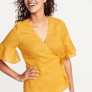 Old Navy Linen Wrap Shirt Top Blouse Mustard Yellow Flounce Sleeves Women's XL